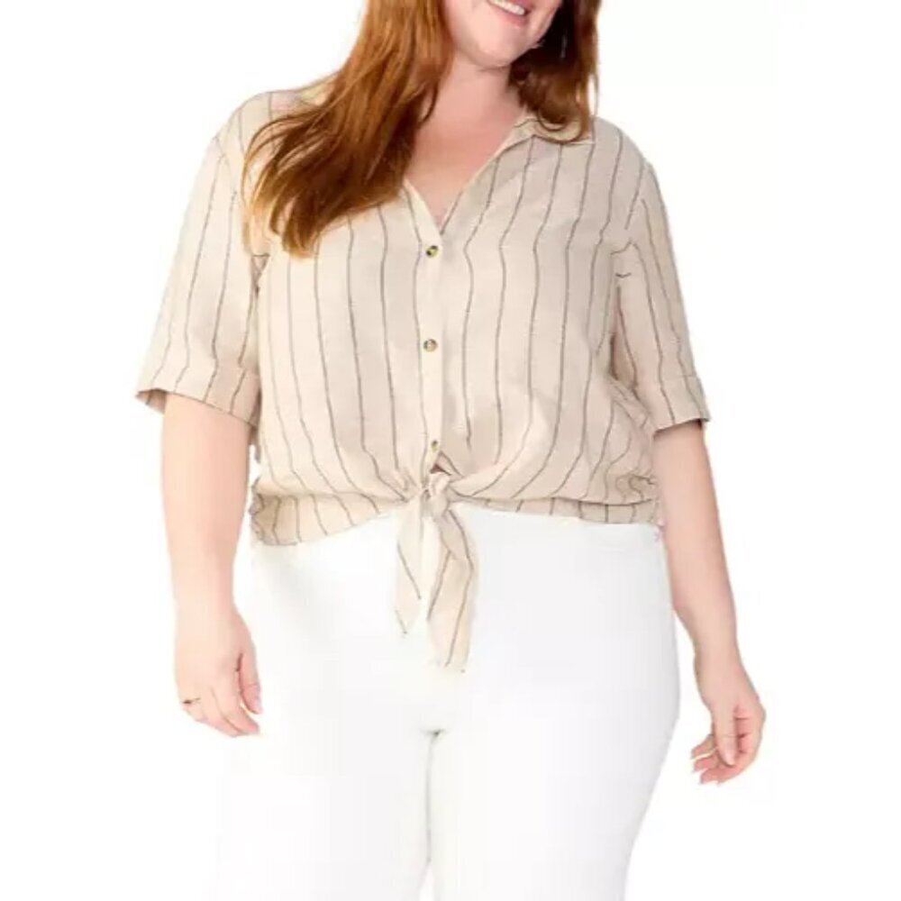 Sanctuary Ocean Button Down Shirt 1X Linen Blend Neutral Coastal Grandma Stripes